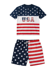 Big & Tall Men's USA Letter Stars And Stripes Patchwork Printed Round Neck Short Sleeve T-Shirt Shorts Set
