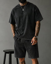 S-3XL Heavyweight Pure Cotton Washed-and-distressed T-shirt And Capri Pants Casual Set