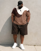 Big & Tall Men's Brown Wave Patchwork Pony Print Round Neck Short Sleeve T-Shirt Shorts Set