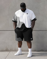 Big & Tall Men's Black And White Gray Gradient Wave Stitching Printed Round Neck Short Sleeve T-shirt Shorts Set
