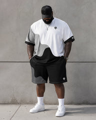 Big & Tall Men's Black And White Gray Gradient Wave Stitching Printed Round Neck Short Sleeve T-shirt Shorts Set