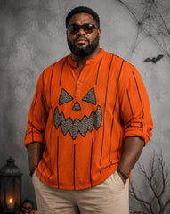 Big & Tall Men's Striped Pumpkin Expression Print Stand-collar Long-sleeve Shirt