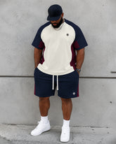 Big & Tall Men's Navy Blue Stitching Contrast Printed Crew Neck Short Sleeve T-shirt Shorts Set