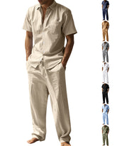S-3XL Summer Linen Lapel Short Sleeve Shirt Casual Trousers Two-piece Set