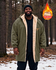 Big & Tall Men's Hunting Style Bull Totem Print Velvet Thickened Long Hooded Coat