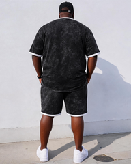Big & Tall Men's Black And White Rib Edge Small Label Printed Crewneck Short Sleeve T-shirt Shorts Set