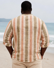 Big & Tall Men's Retro Warm Gradient Vertical Stripe Printed Collar Long Sleeve Shirt