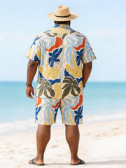 Big & Tall Men's Morandi Color Contrast Large Flower Print Short Sleeve Shirt And Shorts Set