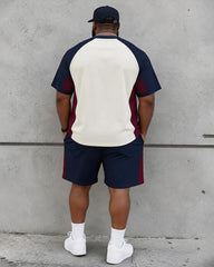 Big & Tall Men's Navy Blue Stitching Contrast Printed Crew Neck Short Sleeve T-shirt Shorts Set