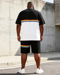 Big & Tall Men's Black And White Color Contrast Rainbow Stripe Printed Round Neck Short Sleeve T-Shirt Shorts Set