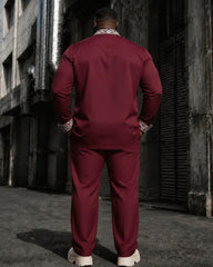 Big & Tall Men's Wine Red Contrast Printed Long Sleeve Shirt Pants Set