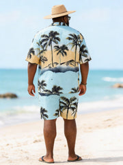 Big & Tall Men's Yellow And Blue Gradient Coconut Printed Short Sleeve Shirt Shorts Set