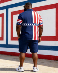 Big & Tall Men's American Flag Stars And Stripes Colorblock Printed POLO Short Sleeve Shorts Set