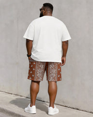 Big & Tall Men's Brown Paisley Patchwork Digital Printed Round Neck Short Sleeve T-Shirt Shorts Set