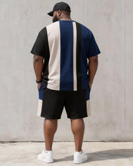 Big & Tall Men's Blue And White Vertical Stripe Crown Printed Round Neck Short Sleeve T-Shirt Shorts Set