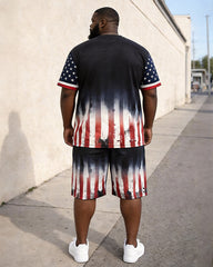 Big & Tall Men's American Flag Cross Splash Ink Star Printed Round Neck Short Sleeve T-Shirt Shorts Set