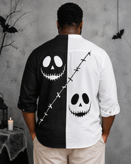 Big & Tall Men's Black And White Contrast Skull Print Collar Long Sleeve Shirt