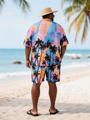 Big & Tall Men's Pink Blue Tie Dye Coconut Tree Print Short Sleeve Shirt Shorts Set