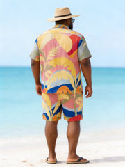 Big & Tall Men's Color Contrast Geometric Palm Leaf Print Short Sleeve Shirt Shorts Set