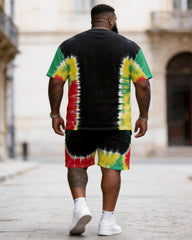Big & Tall Men's 1865 Tie-dye Red, Yellow And Green Printed Crew Neck Short Sleeve T-shirt Shorts Set