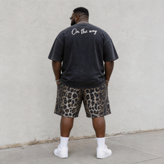 Big & Tall Men's Front And Back Printed Black Leopard Printed Round Neck Short Sleeve T-shirt Shorts Set