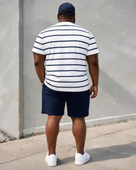 Big & Tall Men's Navy Blue Horizontal Striped Pony Printed Crew Neck Short Sleeve T-shirt Shorts Set