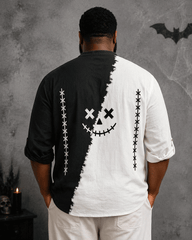 Big & Tall Men's Black And White Half-stitched Pumpkin Stitched Smiley Face Printed Collar Long Sleeve Shirt