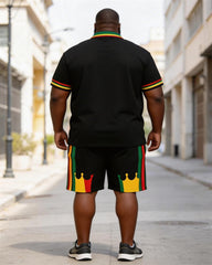 Big & Tall Men's Crown Print Red Yellow Green Contrast Print POLO Short Sleeve Shorts Set