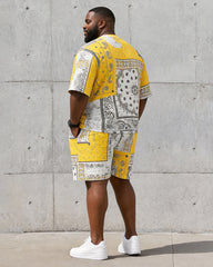 Big & Tall Men's Yellow And White Stitching Paisley Printed Crew Neck Short Sleeve T-shirt Shorts Set