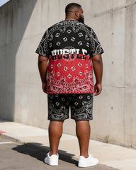 Big & Tall Men's Black And Red Gradient Paisley HUSTLE Printed Round Neck Short Sleeve T-Shirt Shorts Set