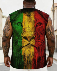 Big & Tall Men's Red, Yellow And Green Stitching Lion Head Printed Round Neck Sports Vest