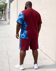 Big & Tall Men's Burgundy Blue Camouflage Stitching Flag Print Crew Neck Short Sleeve T-shirt Shorts Set