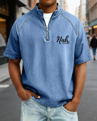 S-4XL Nah. I 'M GOOD Letter Print Wash Half Zip Short Sleeve POLO Shirt