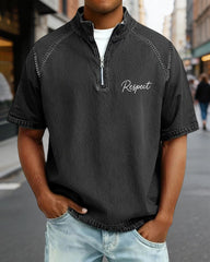 S-4XL Respect Letter Print Wash Half-Zip Short-Sleeve Polo Shirt