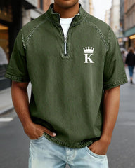 S-4XL Crown K Letter Print Wash Half-Zip Short-Sleeve Polo Shirt