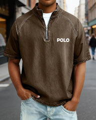 S-4XL Letter Print Wash Half-Zip Short-Sleeve Polo Shirt