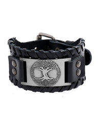Viking Totem Lucky Tree Cowhide Woven Wide Leather Bracelet
