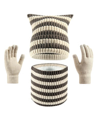 Warm Cat Ear Striped Knitted Hat Scarf Gloves Three-piece Set