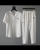 High Quality Ultra Thin Short Sleeve Ice Silk Linen Suit Men's Summer Large Size Loose Middle Sleeve T-Shirt Cotton Linen Two-piece Set