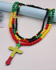 Reggae Color Wooden Bead Cross Necklace Hip Hop Jewelry