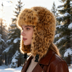 Leopard-Print Plush Ear Warmer Hat