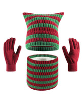 Warm Cat Ear Striped Knitted Hat Scarf Gloves Three-piece Set