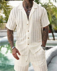 Men's Hollow Breathable Short-sleeved Shirt Drawstring Shorts Two-piece Suit For Men