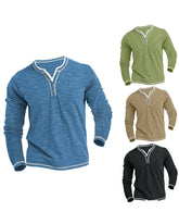 Big & Tall Men's Colored Cotton Small V-neck Stretch Henry Collar Long Sleeve T-shirt S-3XL