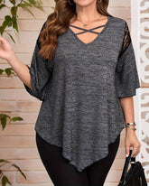 XL-5XL Women's Large Size Solid Color Lace Stitching Cross Chest Short Sleeve
