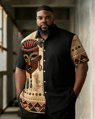 Big & Tall Men's Retro Totem Face Art Printed Short Sleeve Shirt