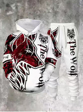 Men's 3D Wolf-Print Hoodie and Sweatpants Two-Piece Set
