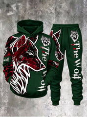 Men's 3D Wolf-Print Hoodie and Sweatpants Two-Piece Set