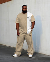 Men's Plus Size Khaki & White Slim Colorblock Small Label Printed Short Sleeve T-shirt Trousers Suit