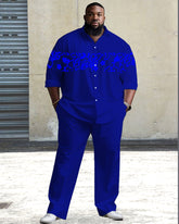 Big Men's Vintage Pattern Stitching Long Sleeve Lapel Shirt 2-piece Set